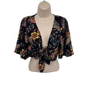 Miss‎ Selfie Boho Floral Tie Front Crop Top Women's Small Black NEW
